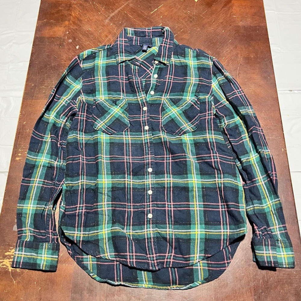 Aeropostale Womens Plaid Flannel Shirt Green Navy Pink Metallic Gold Size Medium
